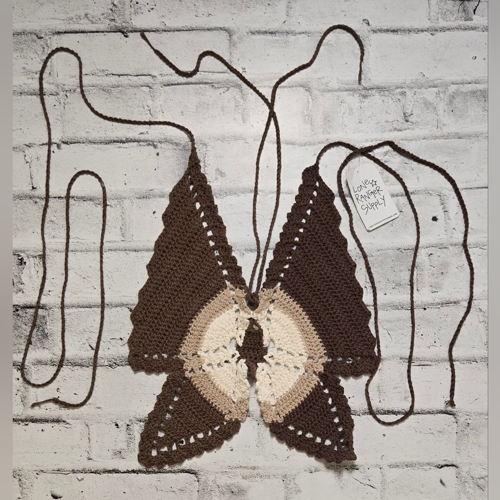 Lone Ranger Supply Crochet Butterfly Halter Top Brown Cream NWT Small